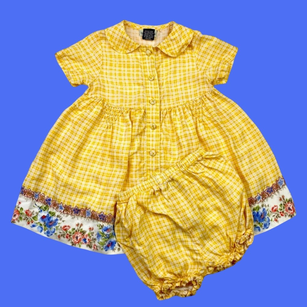 Vintage Y2K Plaid Dress with Floral Trim and Bloomers, 24M